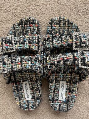 Steve Madden Tweed Slide Sandals with Crystal Buckles - Black Multicolor